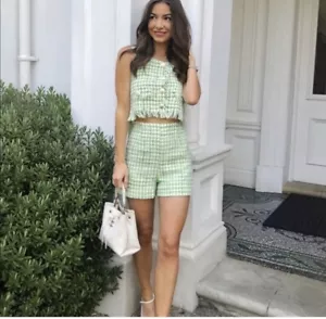 Zara Green White Fringe Tweed Cotton Sleeveless Crop Top With Gold Button Size S - Picture 1 of 7