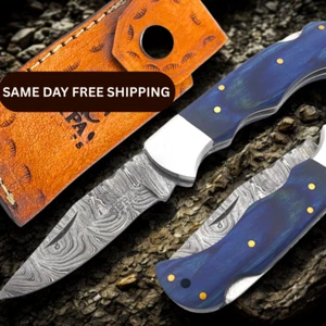 Damascus handmade Back Lock Folding Pocket knife camping Hunting Knife wid Pouch - Picture 1 of 6
