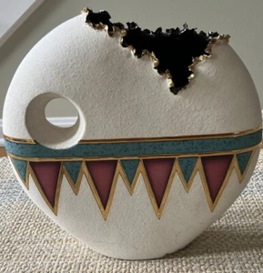 Sharon Penn Southwest Keramik Vase rosa blau gelb 22K Gold Akzent signiert selten - Bild 1 von 14