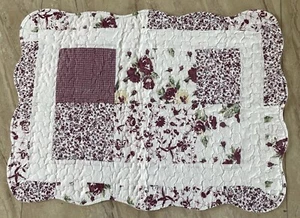 Burgundy And White Floral Quilted Decorative Sham, Flower 25”x18” - Picture 1 of 10