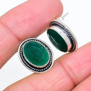 Green Onyx Gemstone 925 Sterling Silver Jewelry Stud Earring Sz 0.75'' - Picture 1 of 1