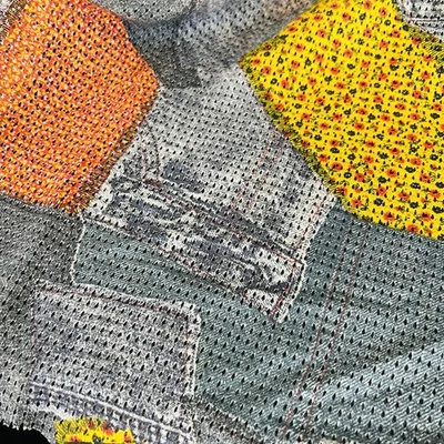 Vintage Patchwork Look Mesh Fabric Approx 118x60" Colorful Floral Denim Print - Image 1 of 4