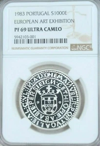 1983 PORTUGAL SILVER 1000 ESCUDOS ART EXHIBITION NGC PF 69 ULTRA CAMEO TOP POP ! - Picture 1 of 4