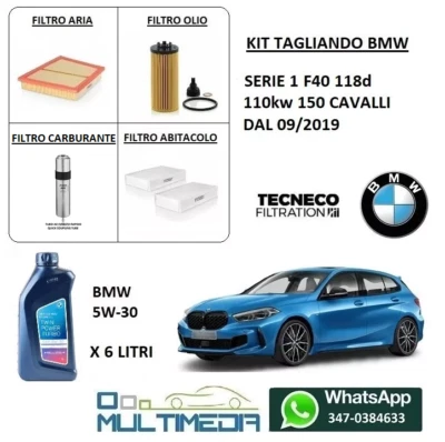 TECNECO KIT TAGLIANDO FILTRI + OLIO ORIGINALE 5W30 BMW SERIE 1 F40 118D 110KW 150 CV