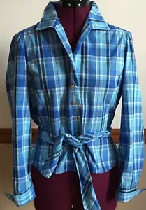 NWT Jones New York Signature Blue Plaid Button Down Fitted Tie Front Shirt Sz L - Picture 1 of 3