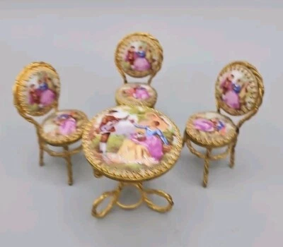 Jean Feuillade Limoges France 4 pcs Miniature Dollhouse Furniture Table & Chairs - Image 1 of 4