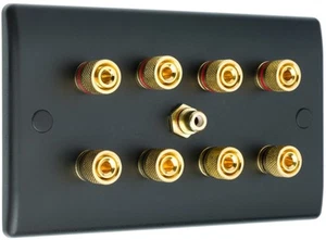 4.1 Matt Black Speaker Wall Face Plate 8 Gold Binding Posts + Single RCA Socket - Picture 1 of 9