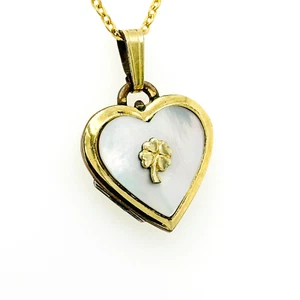 14ct Gold Plated Heart Locket with Mother of Pearl & 4 Leaf Clover 3.2g Preloved - Picture 1 of 11