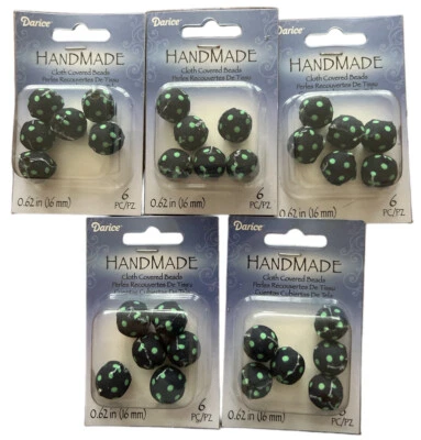 Darice Cloth Covered Beads Black Green Dots 16 mm 6 Pieces LOT OF 5 - Image 1 of 4
