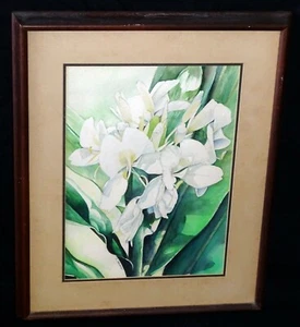 1970s Hawaii Koa Framed WC Painting "Ginger Flowers" by S. Yamauchi (StP) - Picture 1 of 8