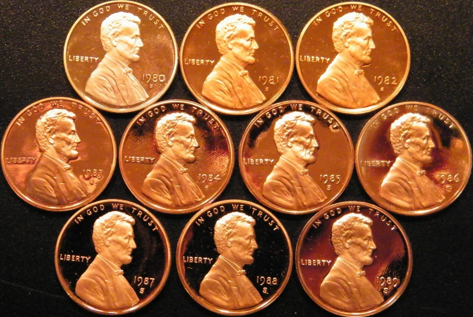 1980~1989 S Lincoln Penny Gem Proof Run 10 Coin Decade Set US Mint Lot  - Image 1 of 1