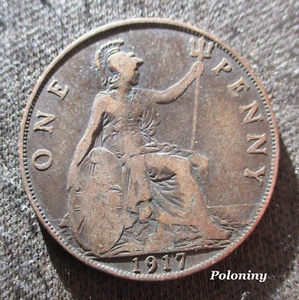 OLD 1 PENNY 1917 COIN UNITED KINGDOM KING GEORGE V ~ WORLD WAR I - Picture 1 of 2