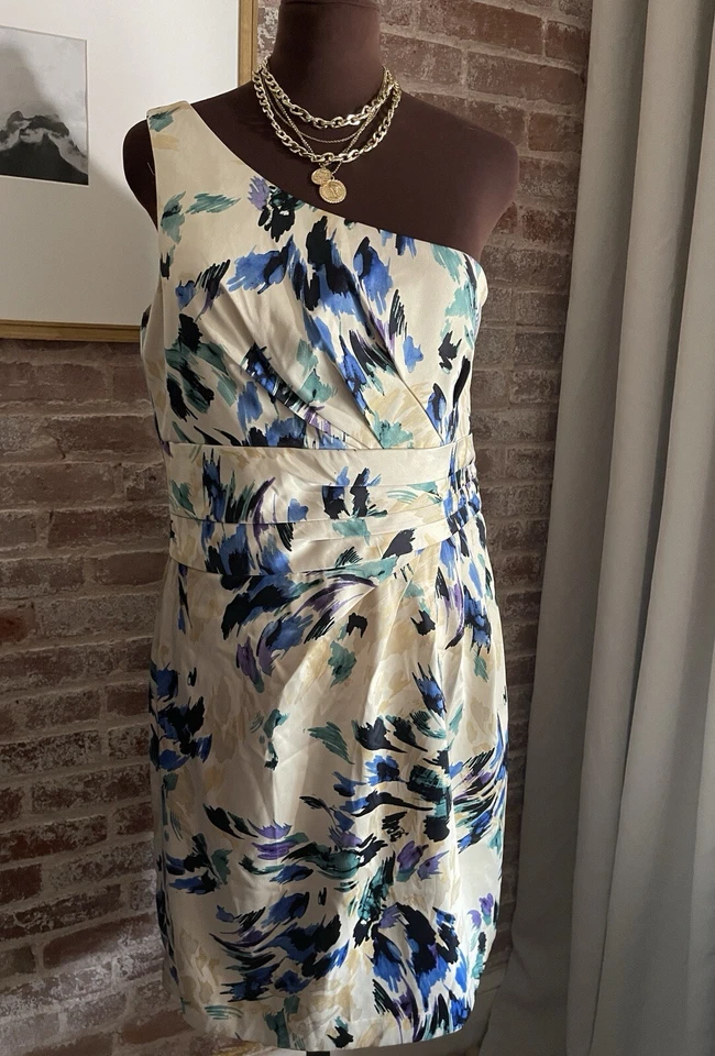 Antonio Melani Satin Beige Blue Floral Sleeveless Sheath Dress Asymmetric Sz 14 - Image 1 of 4