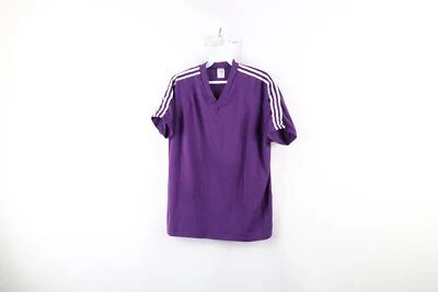 Camiseta Russell Athletic Feminina Antiga Anos 70 Grande Listrada em Branco Decote V Roxa EUA - Imagem 1 de 4