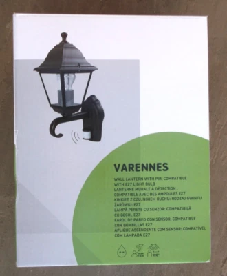 Varennes Fixed Matt Black and Glass PIR Motion sensor Outdoor Wall light 60W NEW - Image 1 of 3