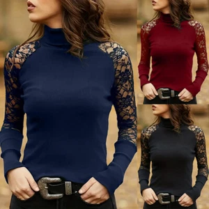 HOT Womens Winter Inner Lace Half High Collar Slim Pullover T-shirt Blouse Tops - Picture 1 of 26