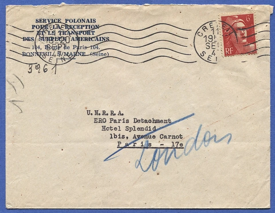 1947 cover from Polish Service, Creteil (Paris) to UNRRA Hotel Splendid, Paris - Image 1 of 1