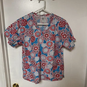 Med Couture Scrub Top – Teal Red Floral Mandala Print (M) – Used Good - Picture 1 of 3