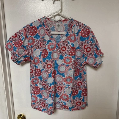 Med Couture Scrub Top – Teal Red Floral Mandala Print (M) – Used Good - Image 1 of 3