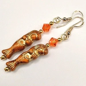 Orange Gold Mermaid Czech Glass Earrings Long Drop Scales Sea Witch Beach Boho - Picture 1 of 12