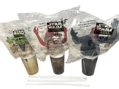 3 SEALED Star Wars Episode 1 Cup Toppers & Straws YODA~JAR JAR~DARTH MAUL - Image 1 of 4