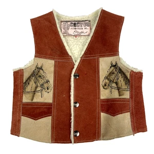 VTG Western Suede Shearling Vest Kids Size 6 Horses Sherpa 1970s Cactus Mexico - Picture 1 of 11