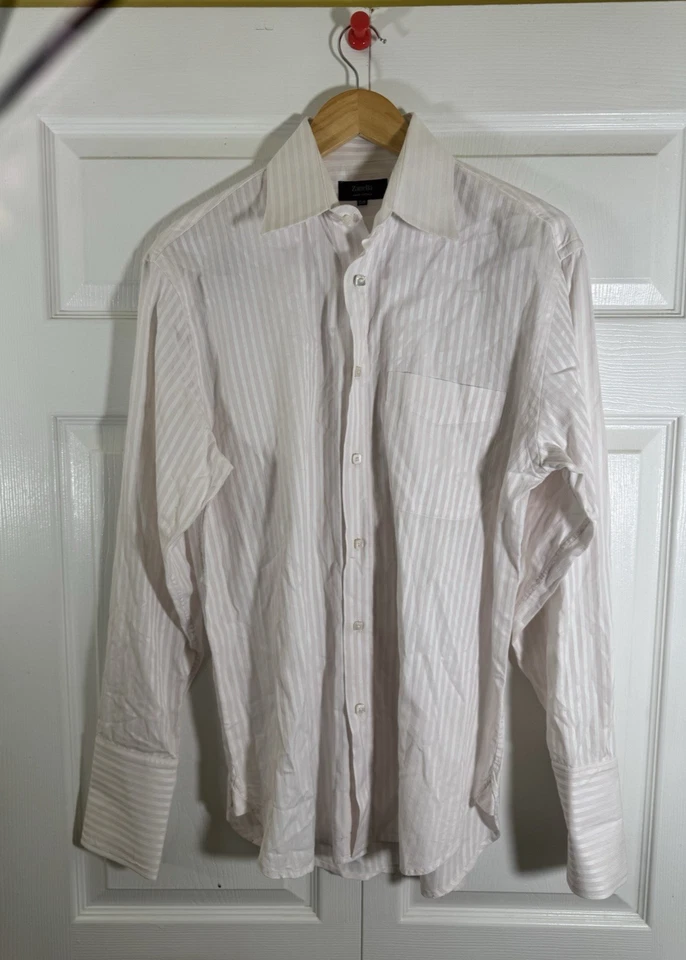 Camisa de vestir Zanella rosa a rayas puño francés para hombre talla 15,5 hecha en Italia Foto 1 de 4