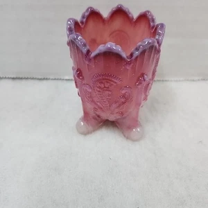 Vintage Inverted Fans & Feathers Pink White Slag Glass Footed Toothpick Holder - Picture 1 of 4
