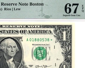 2013* $1 Boston STAR Federal Reserve Note • 3002-A* • 01880538* • PMG 67 EPQ - Picture 1 of 3