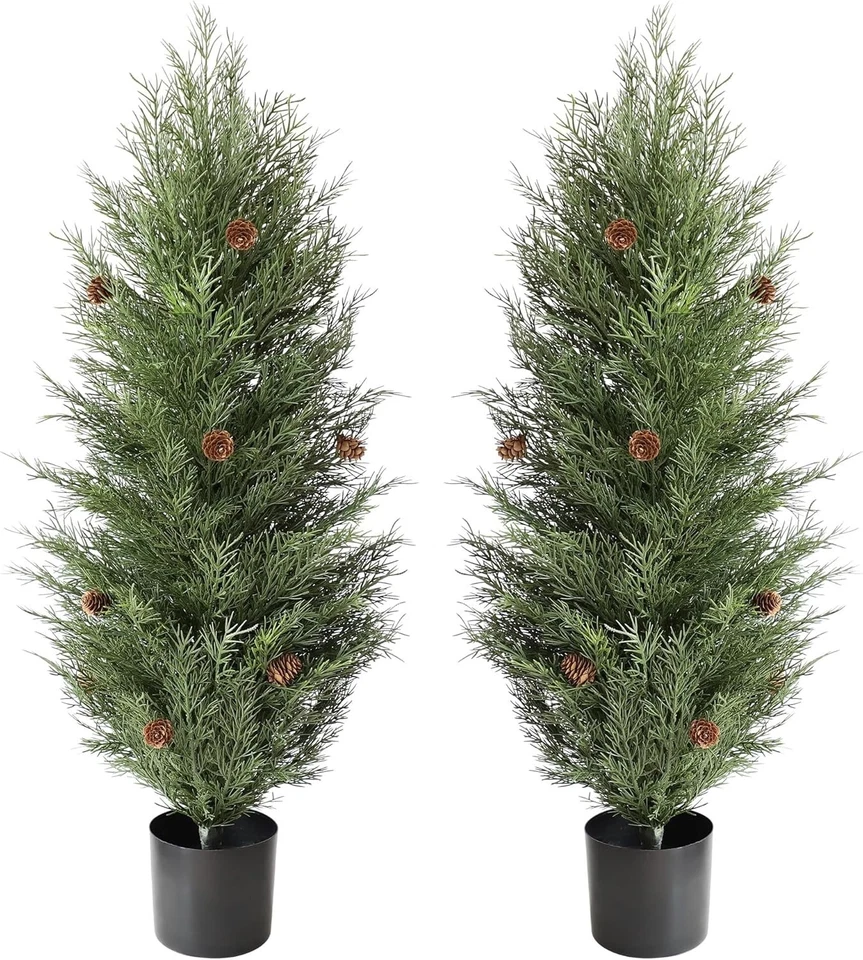 3ft Cedar Topiary Trees with Pine Cones Set of 2 Indoor Outdoor Home Decoration - Image 1 of 4