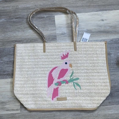 Bolso de Mano Vera Bradley Paja Natural Claro Rosa Bordado Loro OS NUEVO CON ETIQUETAS Foto 1 de 4