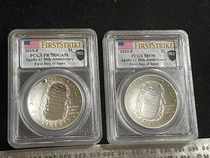 2019 APOLLO 11 50TH ANNIVERSARY BU PCGS MS 70 & PCGS PR 70 DCAM FIRST STRIKE - Picture 1 of 4