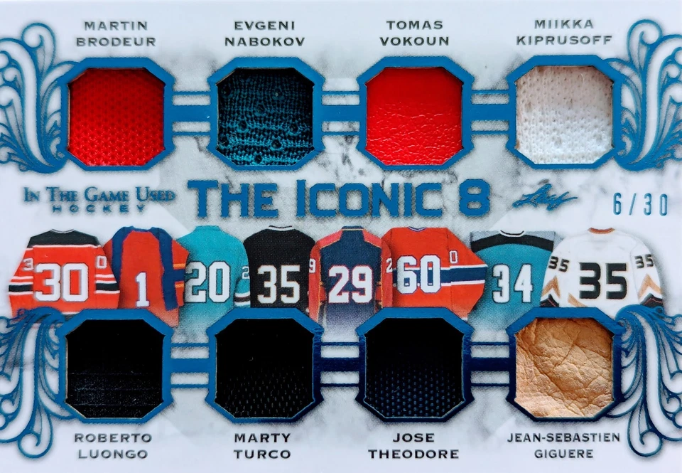 🔥#/30 BRODEUR LUONGO GIGUERE KIPPY ICONIC 8 RELIC 2020-21 Leaf In the Game Used - Image 1 of 4