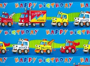 Papel de envoltura para camiones y autos brillantes para niños - 1 hoja y etiqueta de regalo a juego - Imagen 1 de 2