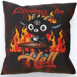 Living In Hell Cushion, Double-Sided, Cute Goat Coffee Fire, Adorable Baphomet - Picture 1 of 7