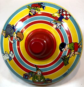 Vintage J Chein Tin Toy Litho Spinning Top Wood Handle - Picture 1 of 3