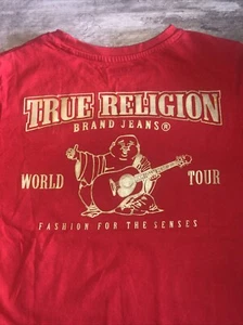 TRUE RELIGION Short Sleeve Graphic Gold Logo Red T Shirt Tee Youth Boys Sz S / 8 - Picture 1 of 4