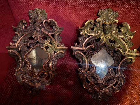 Antique Pair 17th Century Italian Carved Giltwood Mirrors With Oxidized Glass Cover