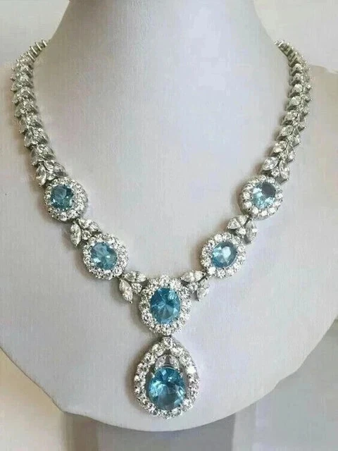 20CT Oval Lab Created Aquamarine Women's Tennis Necklace 14k Wh Gold plated 18” - Image 1 of 2