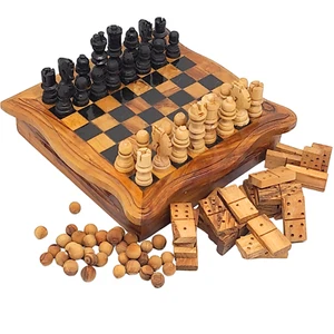 Vintage Olive Wood Chess Set, Solitaire, and Dominos Combo Handmade Wooden Games - Picture 1 of 24