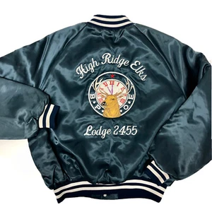 Vtg King Louie Blue SHINY SATIN Bomber High Ridge ELKS Lodge PBOE Jacket BUCK xl - Picture 1 of 7