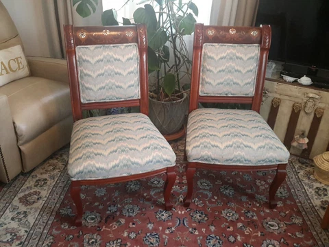 Antique Pair Victorian Mahogany Parlor Chairs Inlaid MOP Crest Empire Revival Cover