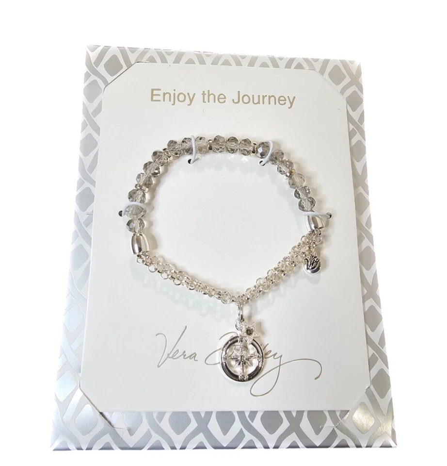 Pulsera Vera Bradley Brújula Elástica Tono Plateado Gris Nueva con Etiquetas Disfruta del Viaje Foto 1 de 4