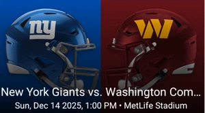 2 TICKETS NY GIANTS vs WASHINGTON COMMANDERS - 12/14/25 + PARKING-SEC 202A ROW 1 - Picture 1 of 3