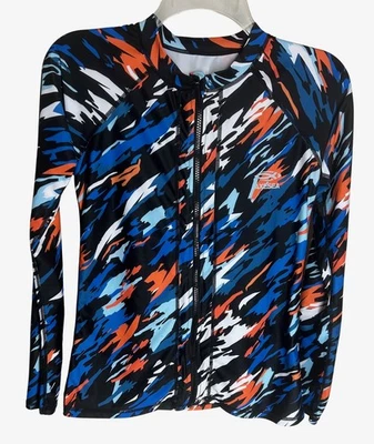 AXESEA Womens Rash Guard UPF 50+ Top Size 6 Blue White Black Orange Full Zip LS - Image 1 of 3