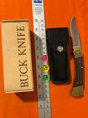 Vintage Buck 110 Folding Hunting Knife (3-Dot) With Sheath 1980 - 1981  USA - Image 1 of 4