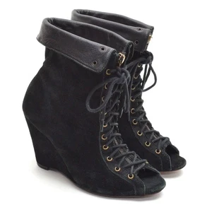 Damas Joie Victoriano Cuña Botines con Cordones 37.5/7 Negro Gamuza Peep Toe Zapatos - Imagen 1 de 7