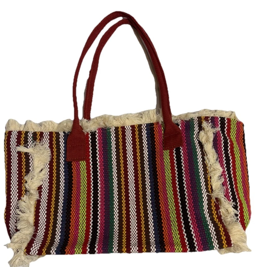 Large India Multicolored Striped Tote Hand Bag Shopping Bag Purse Boho Fringe - Image 1 of 4