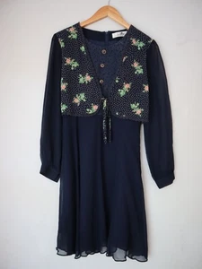 Vestido Midi Jardín Vintage Años 70 80 Floral Encaje Azul Marino Gasa Té Cottagecore Talla S - Imagen 1 de 4