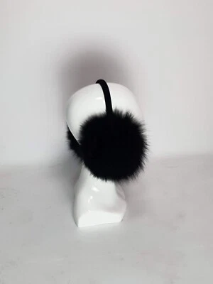 Real black fox fur earmuffs with leather bezel in black color, Fox fur fur ears, - Image 1 of 4